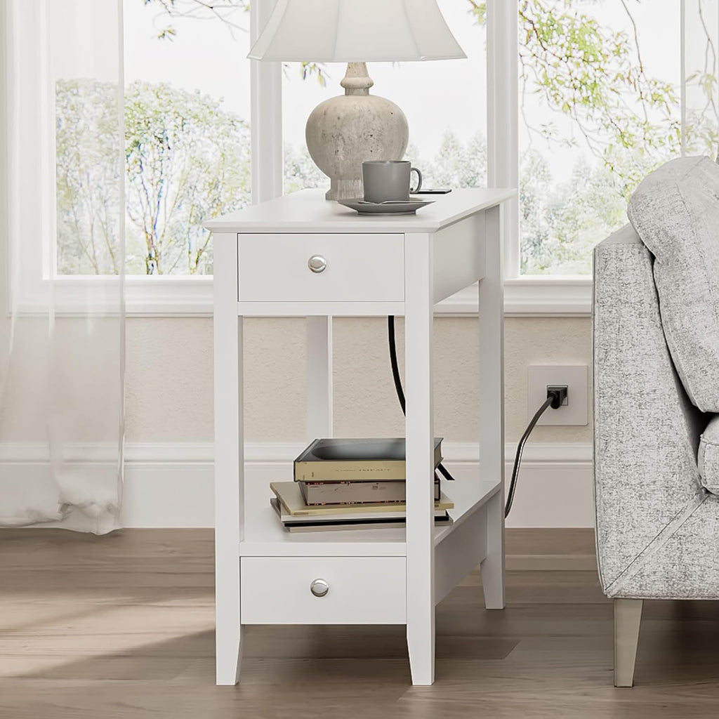 Treocho End Tables Living Room Set of 2, Narrow Side Table with Charging Station, White Table Bedside Sofa for Small Spaces, Living Room, Bedroom