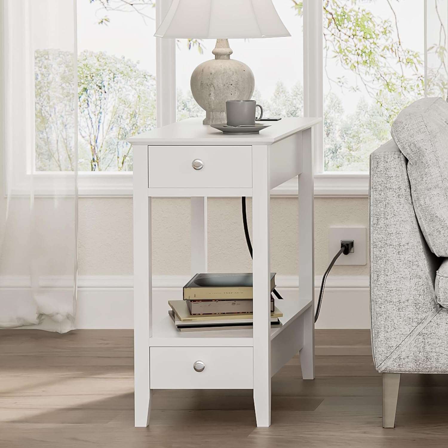 Treocho End Tables Living Room Set of 2, Narrow Side Table with Charging Station, White Table Bedside Sofa for Small Spaces, Living Room, Bedroom