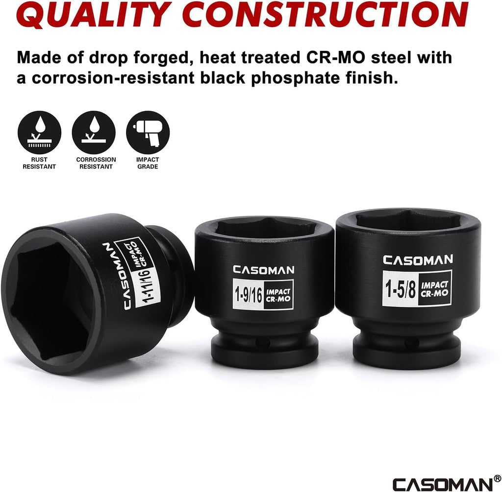 CASOMAN 29-Piece 3/4' Drive Shallow Spindle Axle Nut Impact Socket Set, 6-Point, Standard Large Socket Set, SAE (3/4' to 2-1/2'), CR-MO Steel, with Storage Case
