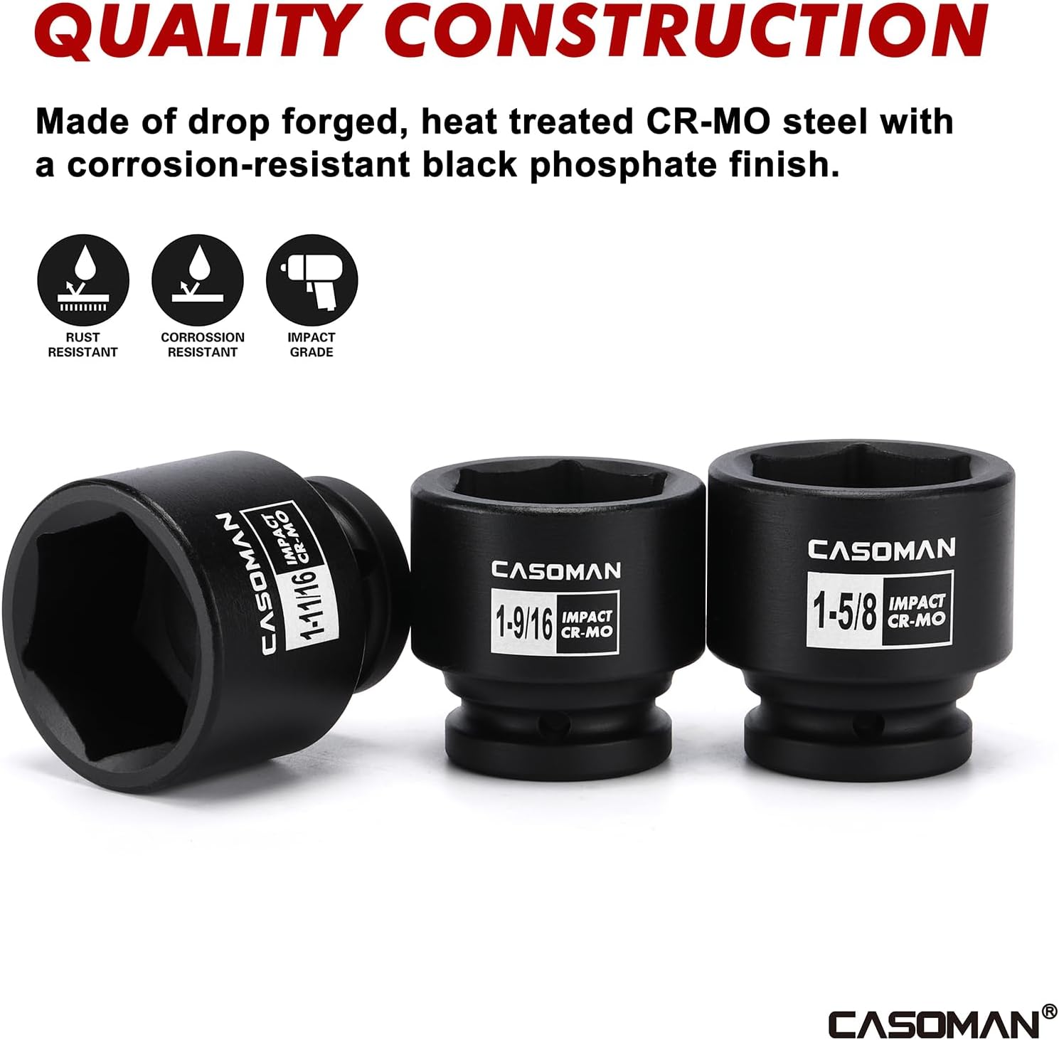 CASOMAN 29-Piece 3/4' Drive Shallow Spindle Axle Nut Impact Socket Set, 6-Point, Standard Large Socket Set, SAE (3/4' to 2-1/2'), CR-MO Steel, with Storage Case