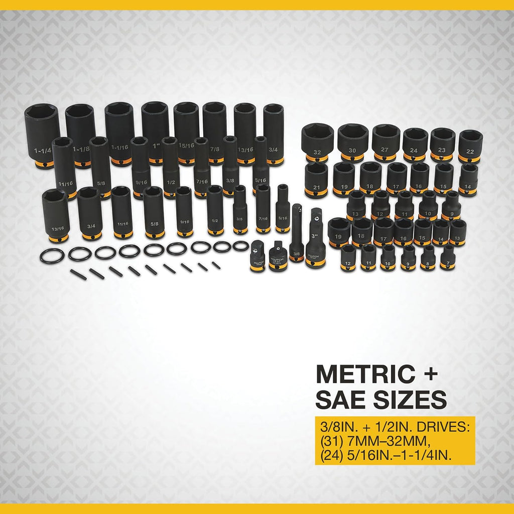 Klutch 3/8in.- and 1/2in.-Drive Chrome Molybdenum Impact Socket Set, SAE and Metric, 59-Pc.