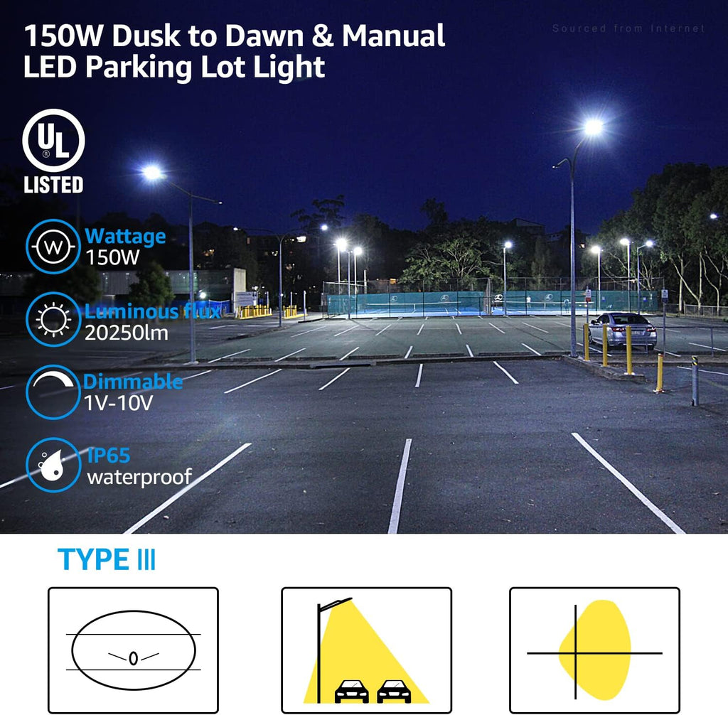LEONLITE 150W LED Parking Lot Light, Adjustable Arm Mount, 20,250lm UL & DLC Listed, 1-10V Dimmable, Shoebox Pole Light with Photocell, 100-277V, Commercial Street Lighting, IP65, 5000K Daylight