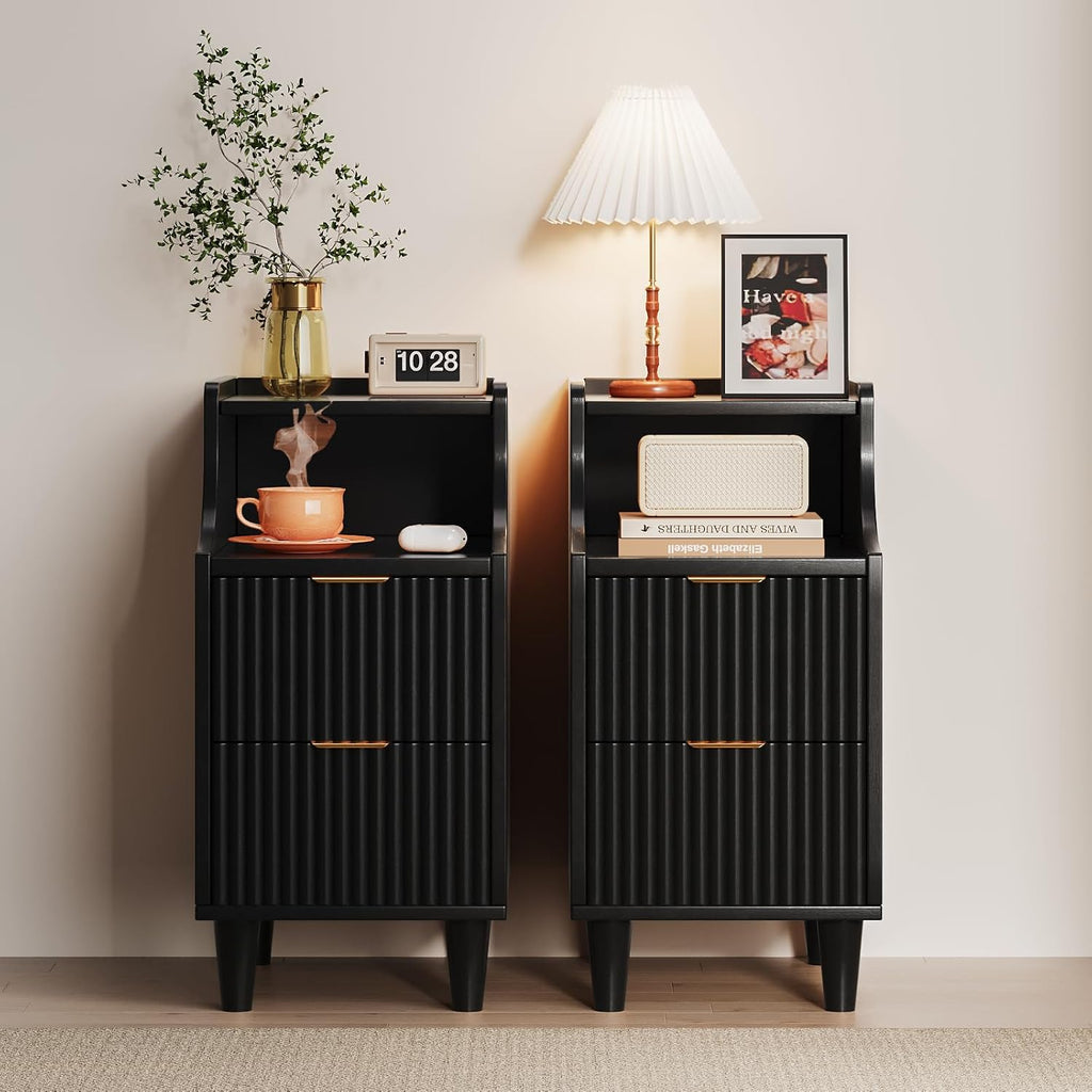 Fluted Nightstands Set of 2,Narrow Bedside Table with 2 Drawers & Storage, Farmhouse Walnut End Table Modern Side Table for Bedroom Livingroom Sofa Office, Small Space