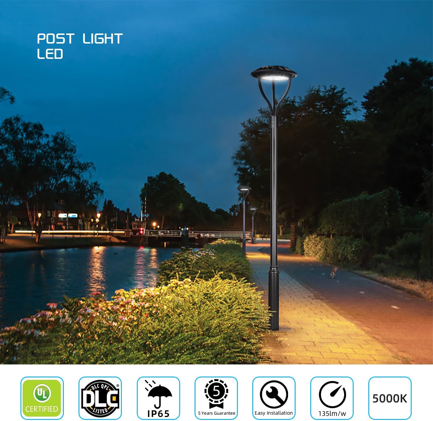 Led Post Top Light 60W Circular, DLC/ETL Listed LED Street Area Post Top Light, Outdoor IP65 Waterproof, Pathway Pole, Yard Light Fixture (150W)