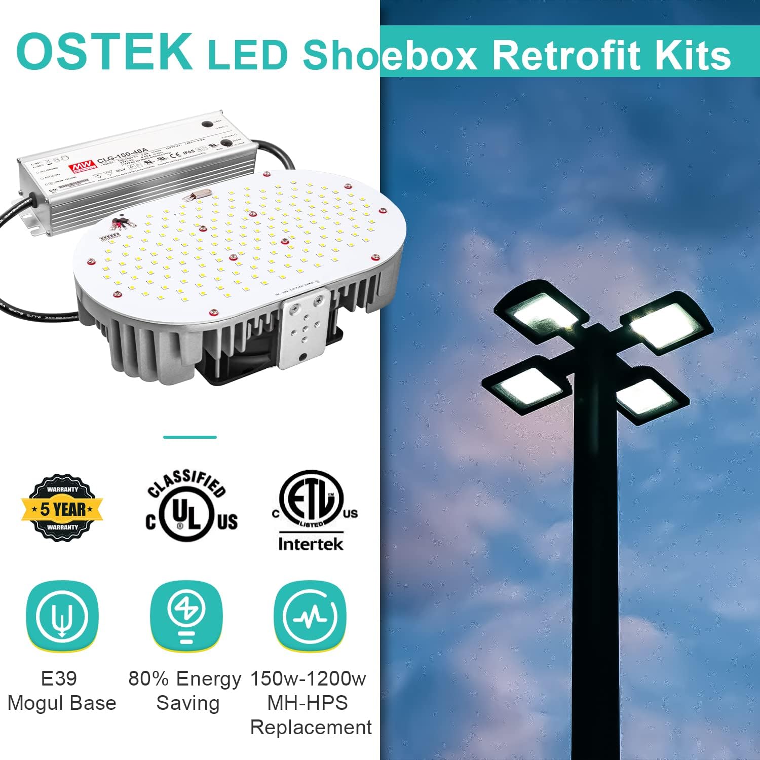 120W LED Shoebox Light Retrofit Kit – 16,200LM 5000K, E39 Mogul Base Retrofit Light, Replaces 550W MH/HPS/HID Bulbs, MEANWELL Driver, Ideal for Parking Lots, Tennis Courts & Street Lighting