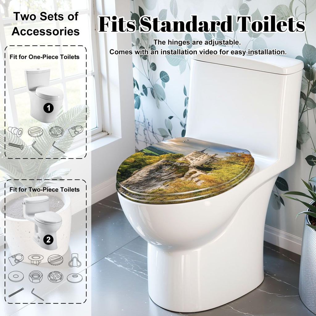 Elongated Toilet Seat Lichtenstein Castle Resin Toilet Seat Slow Quiet Close Lid with Quick-Release Hinges Cover Bumpers Easy to Clean Install