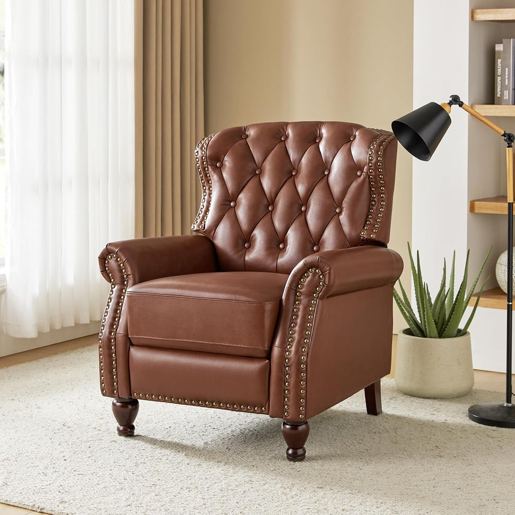 HULALA HOME Genuine Leather Recliner Chair Set of 2 w/Solid Wood Feet, Modern Adjustable Tufted Push Back Arm Chair w/Rivet Decoration, Home Theater Seating Reclining Sofa for Living Room, Brown