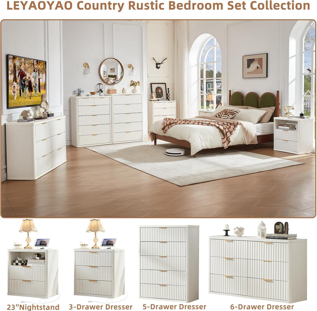 LEYAOYAO Fluted 5 Drawers Dresser for Bedroom, 41' Tall Modern Chest of Drawers with Metal Handle, Curved Profile Farmhouse Closet Organizer Wood Dressers TV Stand for Living Room,Antique White