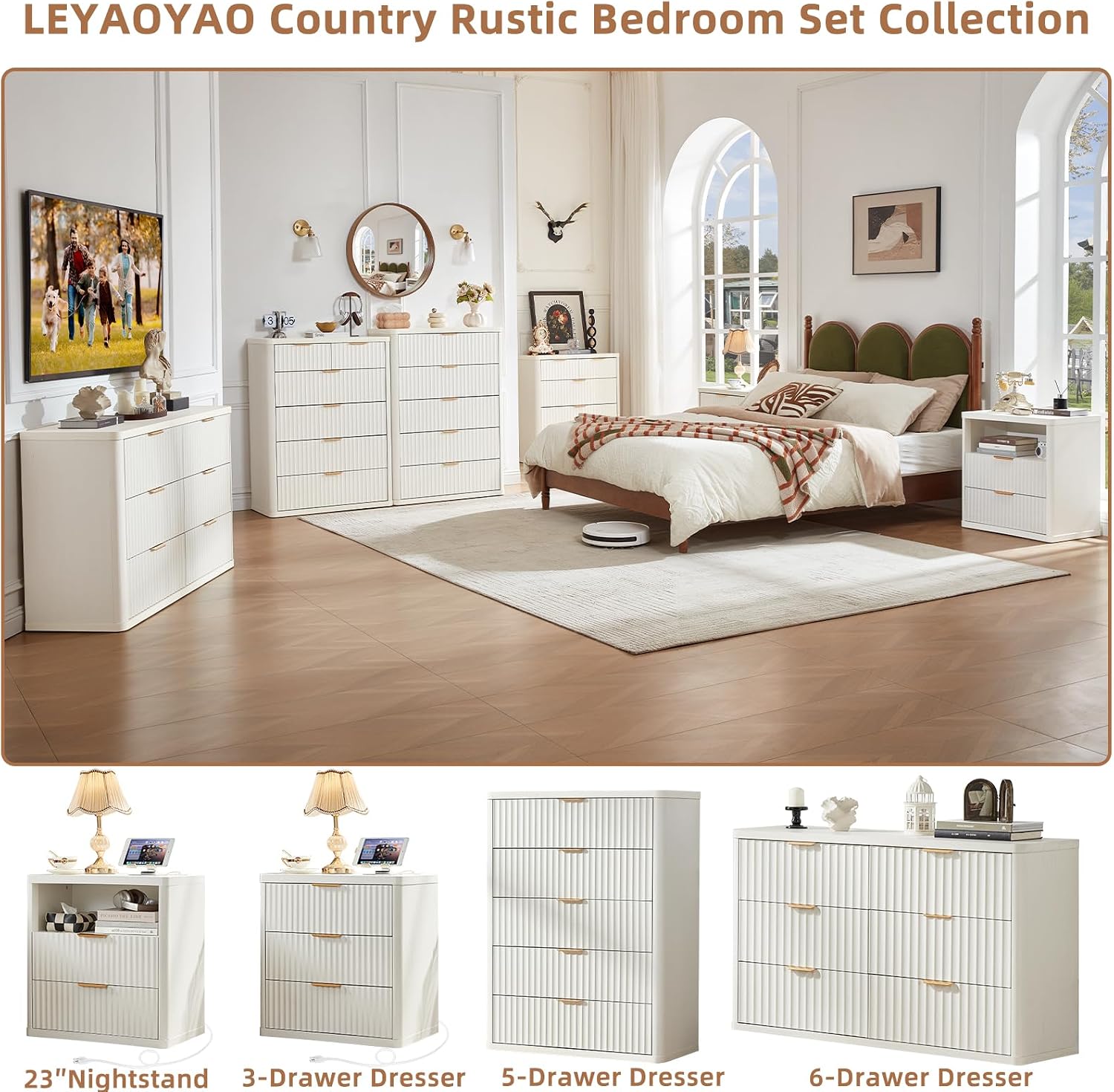 LEYAOYAO Fluted 5 Drawers Dresser for Bedroom, 41' Tall Modern Chest of Drawers with Metal Handle, Curved Profile Farmhouse Closet Organizer Wood Dressers TV Stand for Living Room,Antique White
