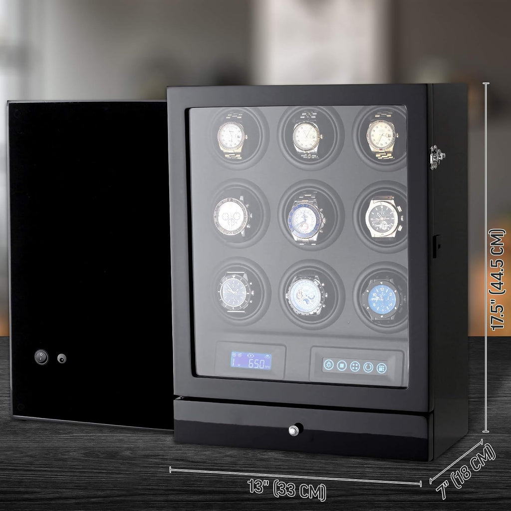 9 Watch Winder with LED Interior Light, LCD Display and 2 Watch Storage Space
