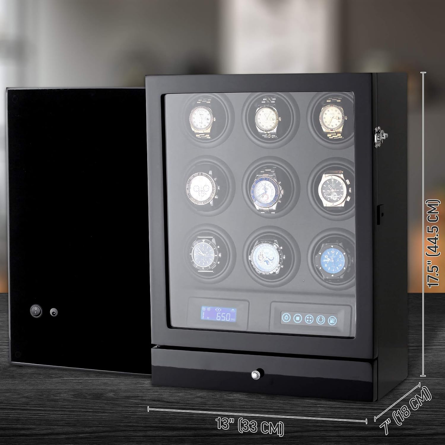 9 Watch Winder with LED Interior Light, LCD Display and 2 Watch Storage Space