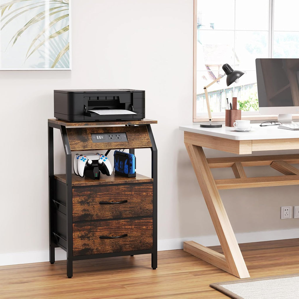 SZLHANJZ End Table with LED Lights, Nightstand with 2 Drawers and Type C Charging Station, Small Fabric Night Stand for Bedside, Storage Side Table for Living Room Dorm, Rustic Brown