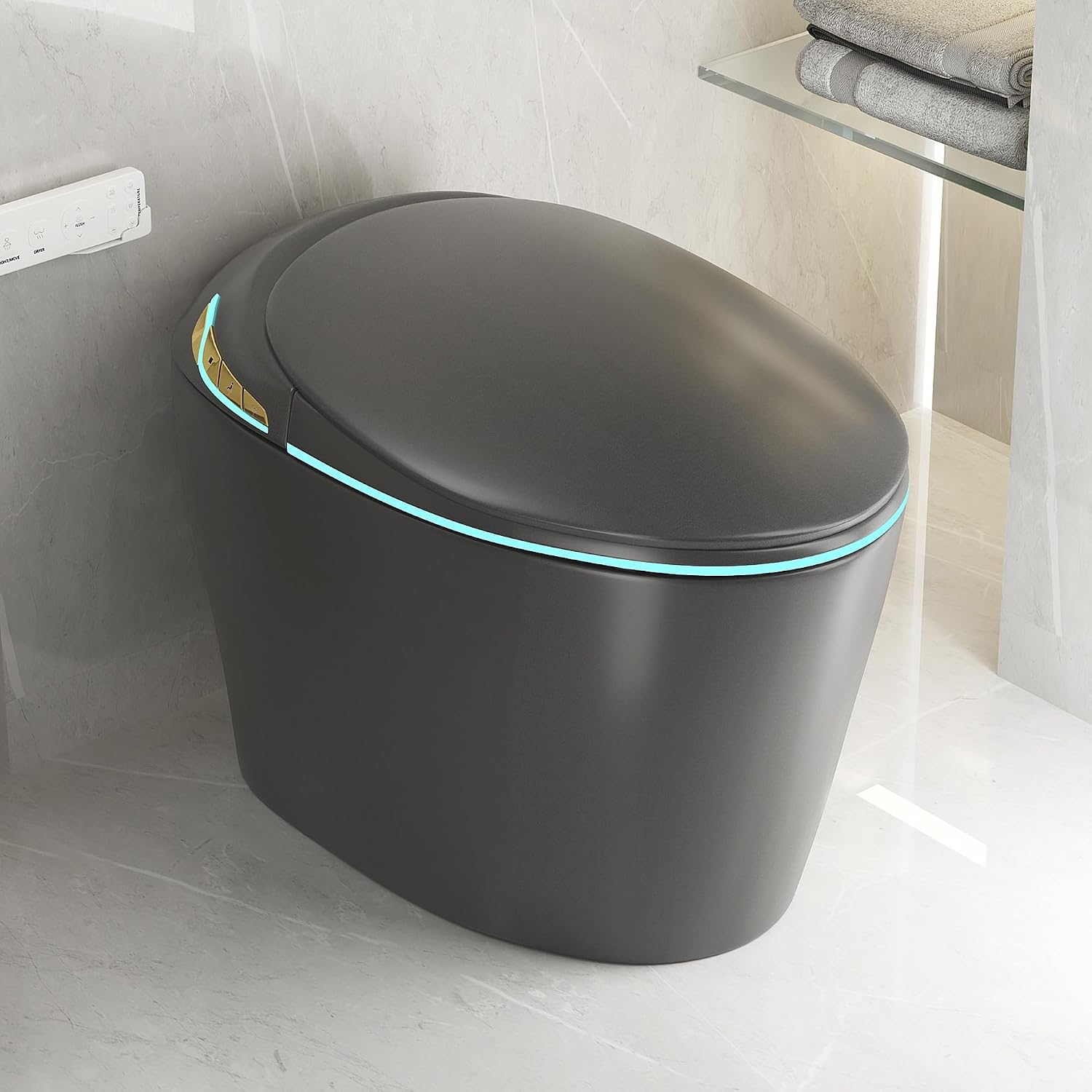 Smart Toilet One Piece with Bidet Built In, Auto Open/Close Seat, Foot Sensor, LED Display, Night Light, Warm Water and Dryer, Grey