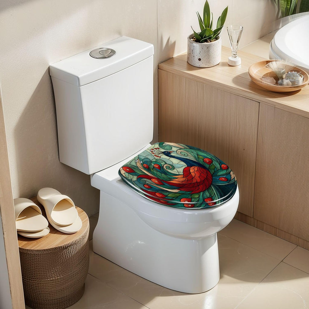 Elongated Toilet Seat Sleek Stained Glass Geometric Tail Green Blue Resin Toilet Seat Slow Quiet Close Lid with Quick-Release Hinges Cover Bumpers Easy to Clean Install