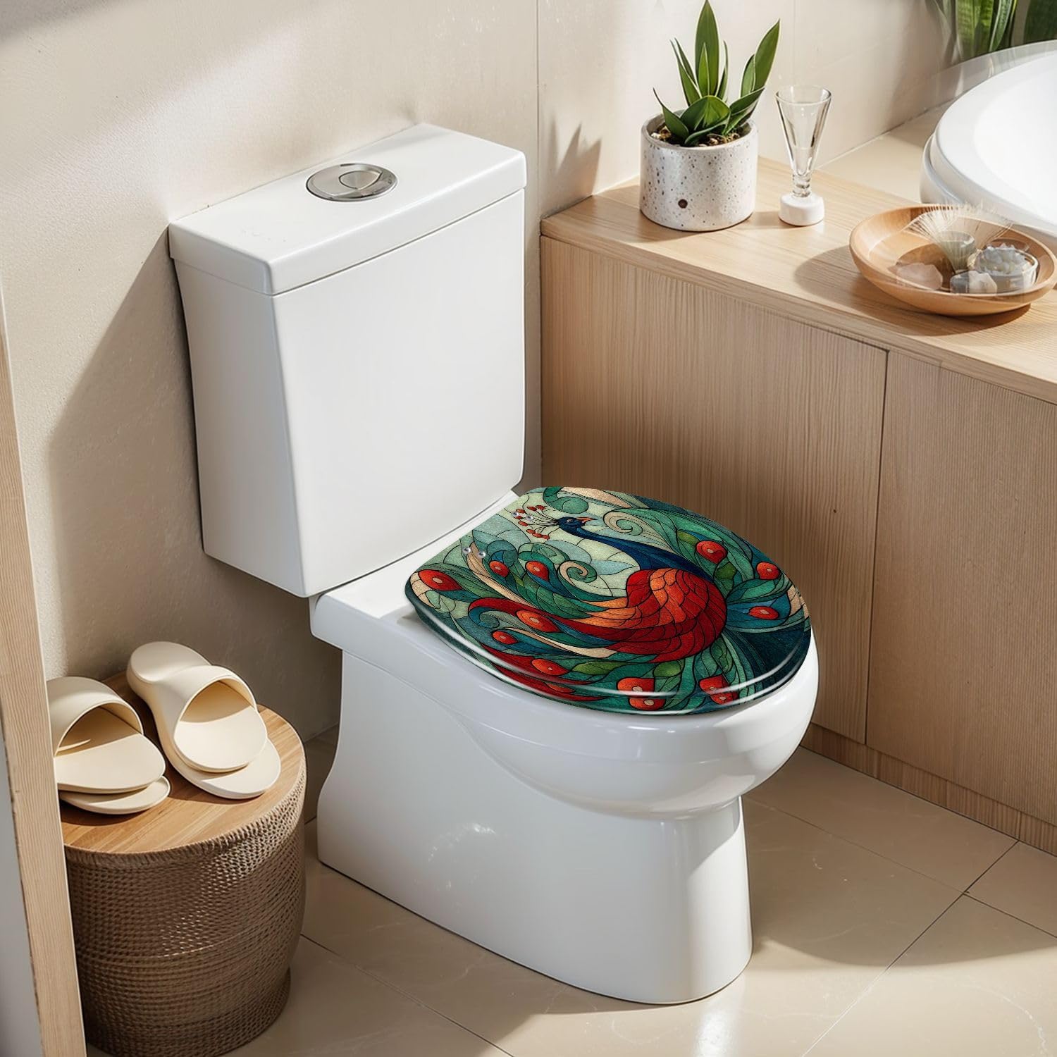 Elongated Toilet Seat Sleek Stained Glass Geometric Tail Green Blue Resin Toilet Seat Slow Quiet Close Lid with Quick-Release Hinges Cover Bumpers Easy to Clean Install