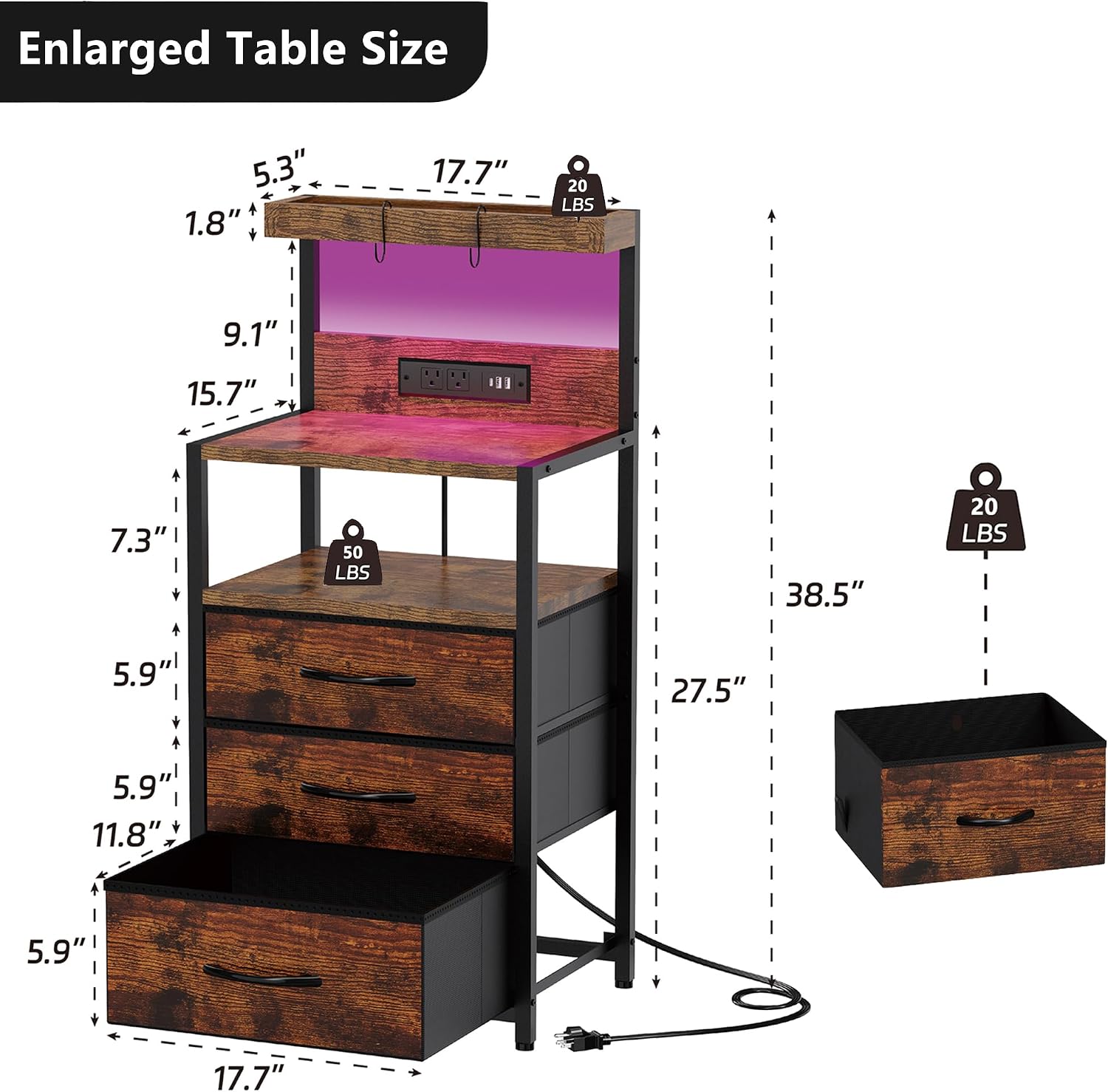 SZLHANJZ Nightstands Set of 2 with Outlet and USB C Port, Bedroom Night Stand with Led Lights and 3 Fabric Drawers, Matching Bedside Tables with Hooks, Vintage Style Storage End Tables, Rustic Brown