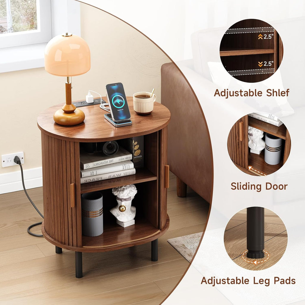 ONBRILL Oval End Table with Storage & Charging Station, Fluted Accent Side Table with Sliding Door & Adjustable Shelf, Mid-Century Modern Nightstand Set of 2 for Living Room, Bedroom, Walnut(2-Pack)