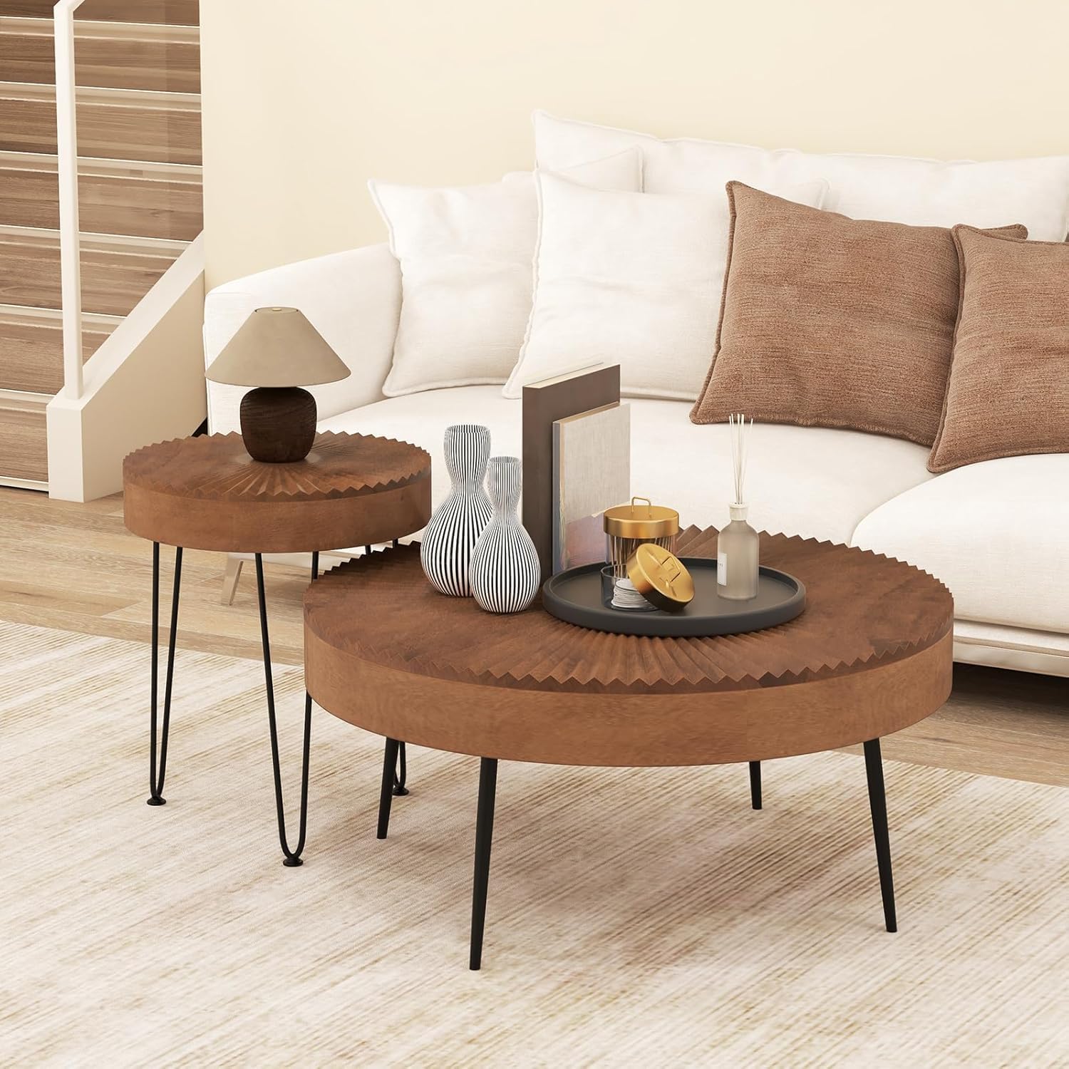 Giantex Boho Round Coffee Table Set of 2, Sofa Side Nesting Table with Solid Pine Wood Top, Metal Legs & Adjustable Foot Pads, 31.5' D Large Table Set for Living Room (Radial Pattern, Brown)