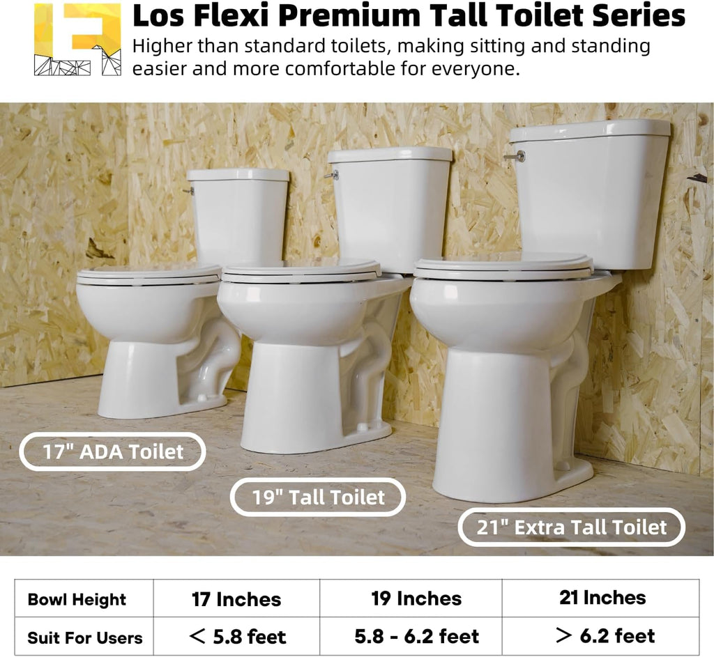 Tall Toilets For Seniors 21 Inch, Los Flexi Comfort & High Toilet, Elongated Bowl and Soft-Close Seat, 1.28 GPF Extra Tall Handicap Toilet with Efficient Siphonic Flush & 12' Rough-In