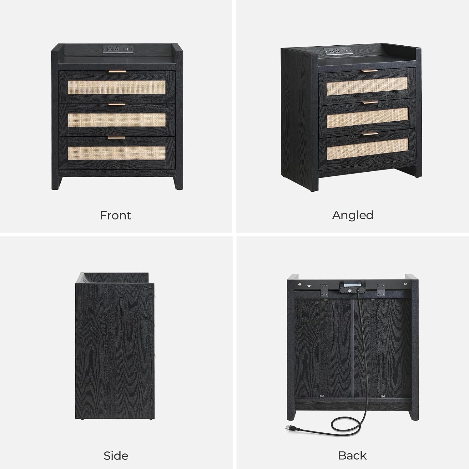 SICOTAS Nightstands Set of 2 Bedside Table - Larger Rattan Night Stand with Type-C Charging Station, 3 Drawers Storage - Boho Tall Night Stands End Table for Bedroom Office - Black Oak