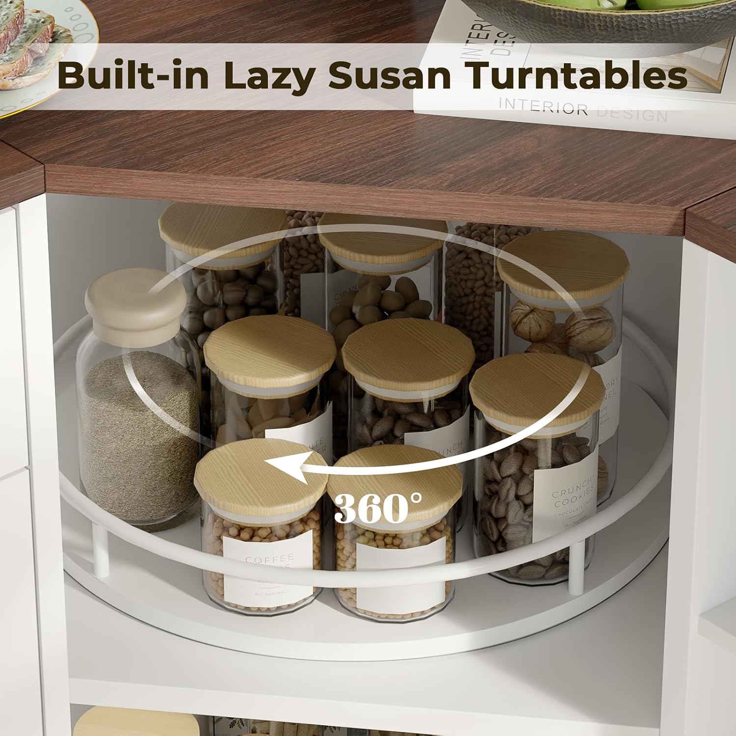Loomie Corner Cabinet w/Charging Station, Kitchen Pantry Cabinet w/2 Tier Lazy Susan Turntable, Farmhouse Food Pantry w/Drawer & Doors & Adjustable Shelf, L-Shaped Sideboard for Dining Room (White)