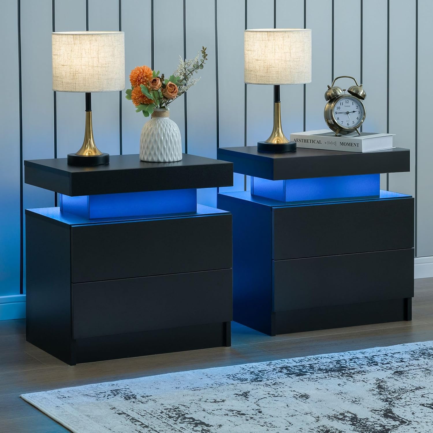 i-aplus Black Nightstand Set of 2 LED Bedroom Nightstands Set of 2 Modern Night Stands Set 2 Bedside Table with 2 Drawers for Bedroom