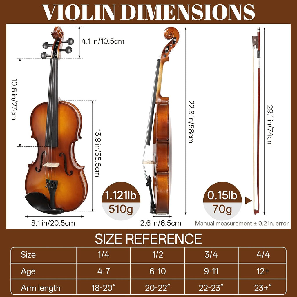 Kmise Violin 4/4 Full Set, High Density Ebony Violins, Glossy Acoustic Fiddle for Adults, Beginners, Students with Violin Case, Rosin, Strings, Bow, Shoulder Rest, Beginner's Guide (Ebony, 4/4)