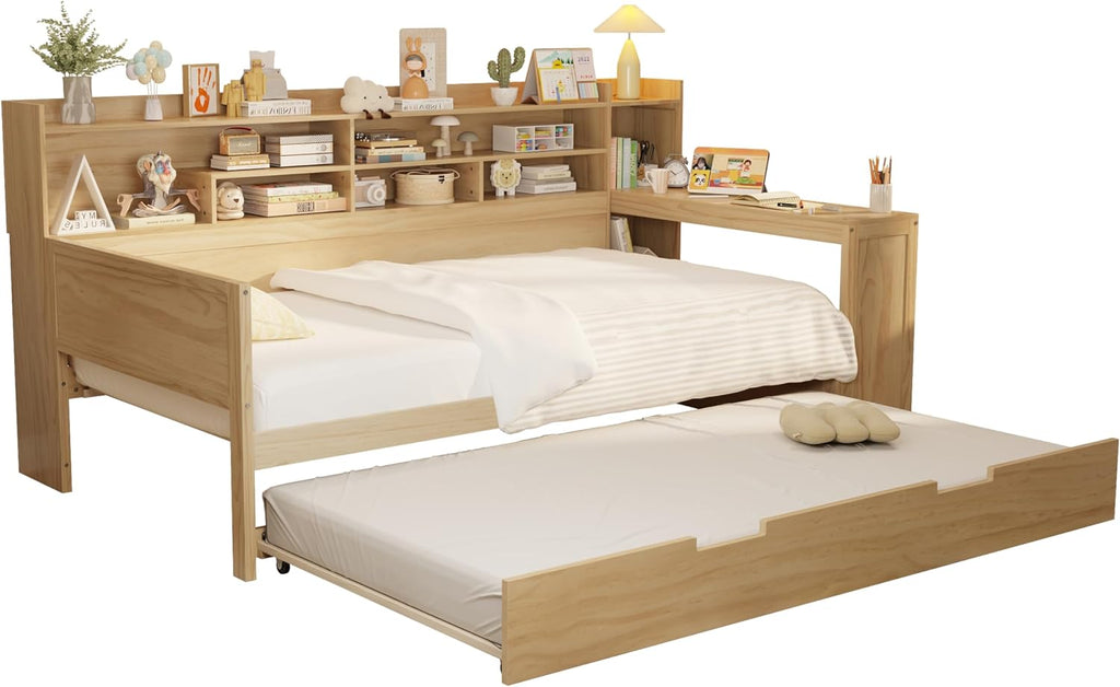 Harper & Bright Designs Twin Size Wooden Daybed with Storage Shelves, Multi-Functional Corner Bed Frame with Twin Size Trundle Bed and Study Desk for Kids Teen, Natural
