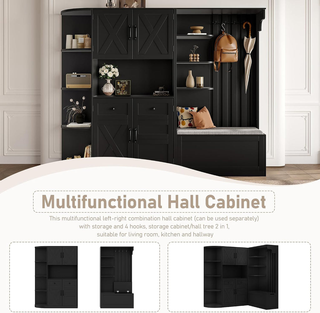 Multifunctional Hall Tree with Shoe Bench & Storage Cabinet,2-in-1 Left-Right L-Shaped Corner Entryway Cabinets with Coat Rack & Open Shelves,Modern Storage Organizer for,Living Room (Black)