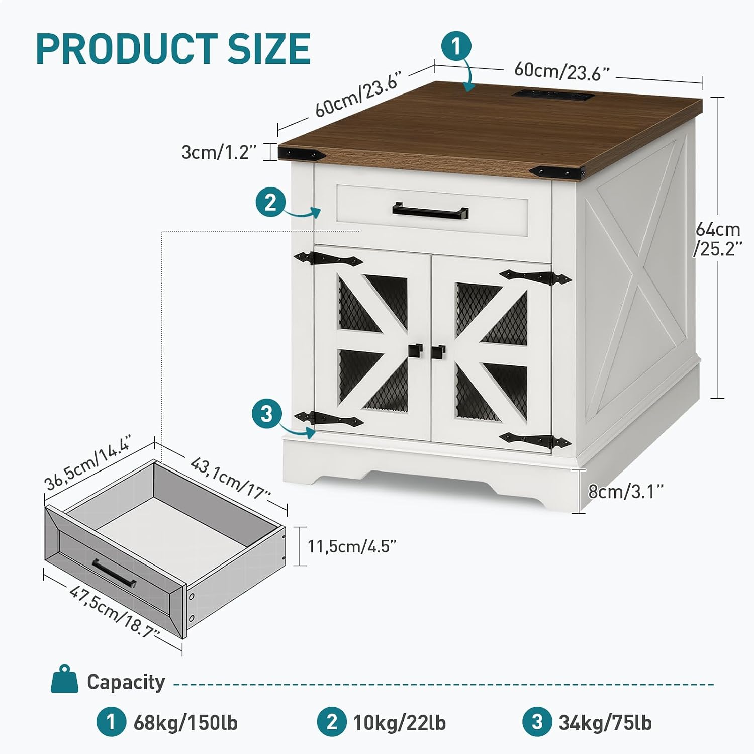 RALGEND White Farmhouse End Table with Charging Station, 24' Large Sofa Side Table with Drawer, Large End Table for Living Room, Wooden Nightstand with Outlet, Square, White and Walnut
