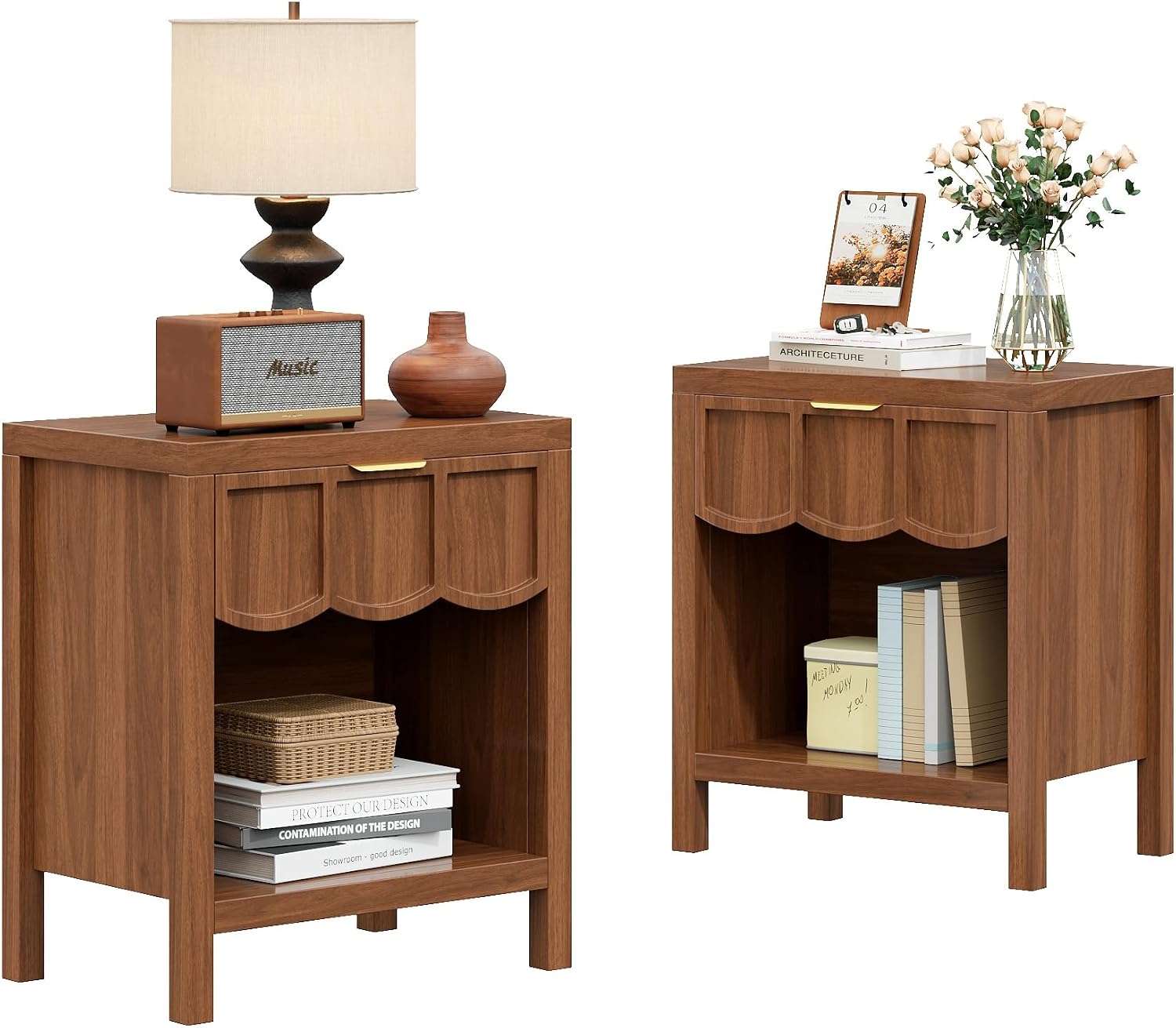 24' Nightstand Set of 2, Solid Wood End Table with Wave Panel Drawer, Mid Century Modern Chest of Drawers, Wooden Side Table Bedside Table for Bedroom, Living Room, Small Space, Walnut