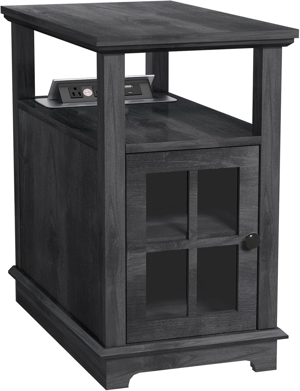 HIFYOBRO End Table with Safe Charging Station, Narrow Side Table with USB Ports & Outlets, Nightstand with Adjustable Shelf & Glass Door, Small Storage Table for Living Room, Bedroom