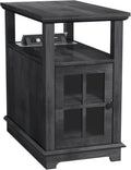 HIFYOBRO End Table with Safe Charging Station, Narrow Side Table with USB Ports & Outlets, Nightstand with Adjustable Shelf & Glass Door, Small Storage Table for Living Room, Bedroom
