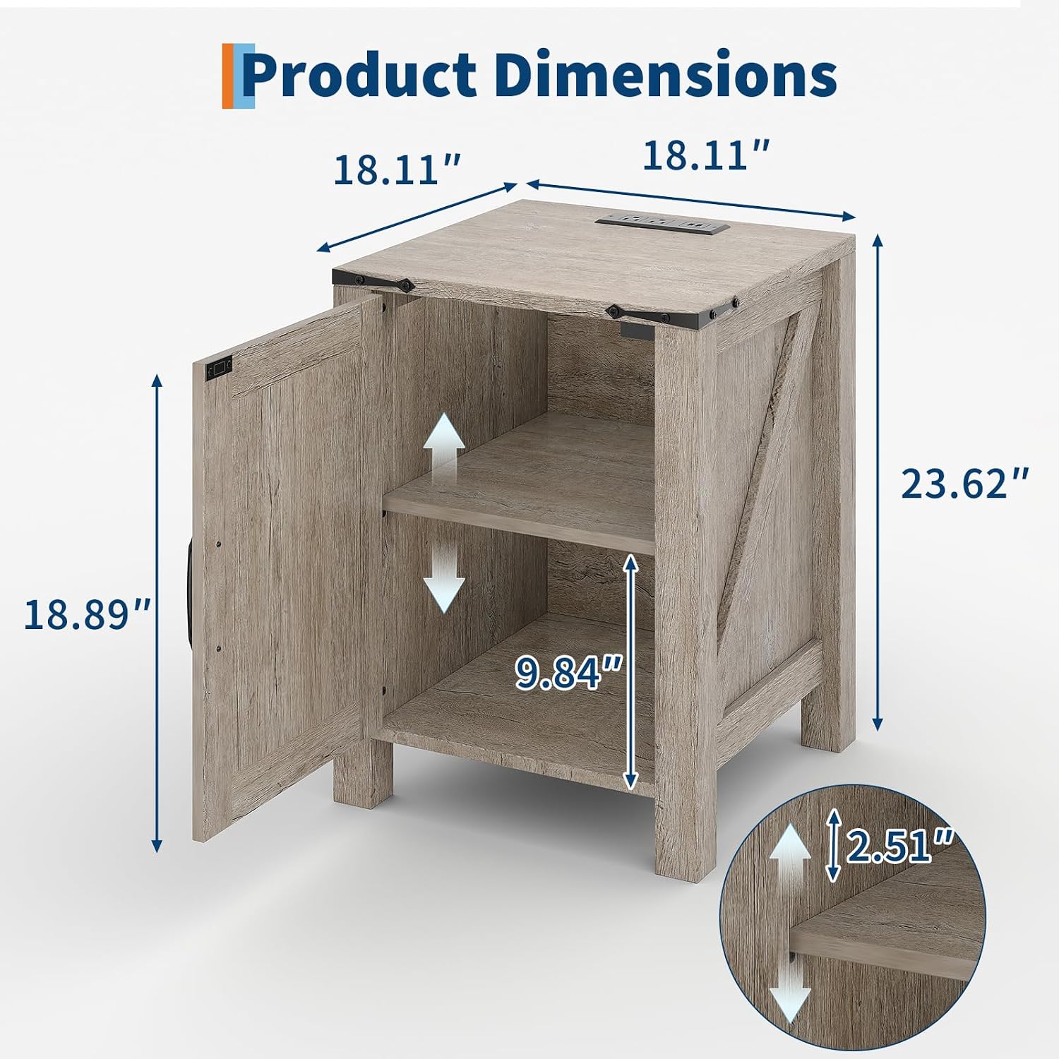 Garvee Rustic Farmhouse Nightstand Set of 2 with Charging Station, Barn Door and Adjustable Storage Shelf, Wooden Small Bedside Table, 18' Modern Two-Tier Nightstand & End Table for Bedroom