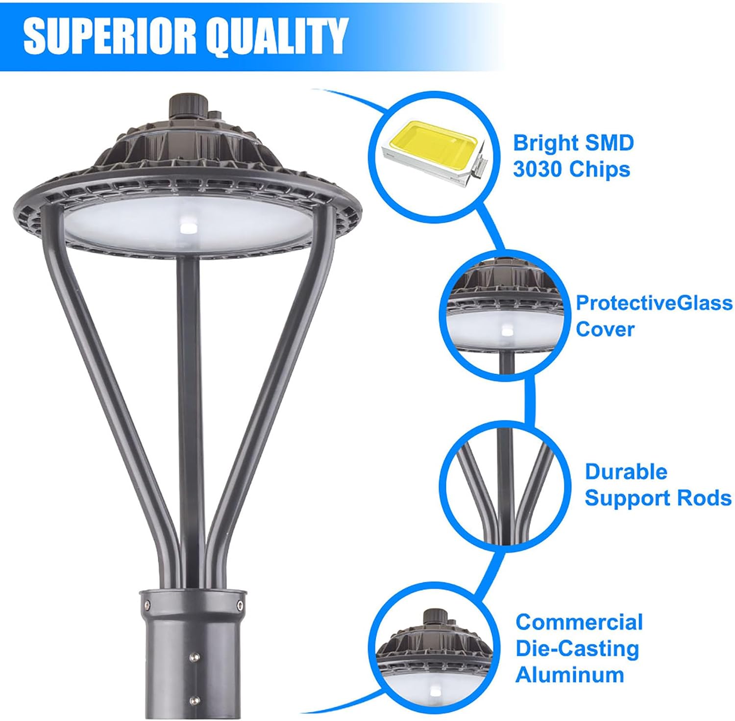 LED Post Top Light 30/50/75W Adjustable 9750 LM 3000/4000/5000K LED Circular Area Light Outdoor Pole Lights with Photocell, IP67 Parking Lot Lights Fixture Commercial Lighting, 100-277V ETL&DLC Listed