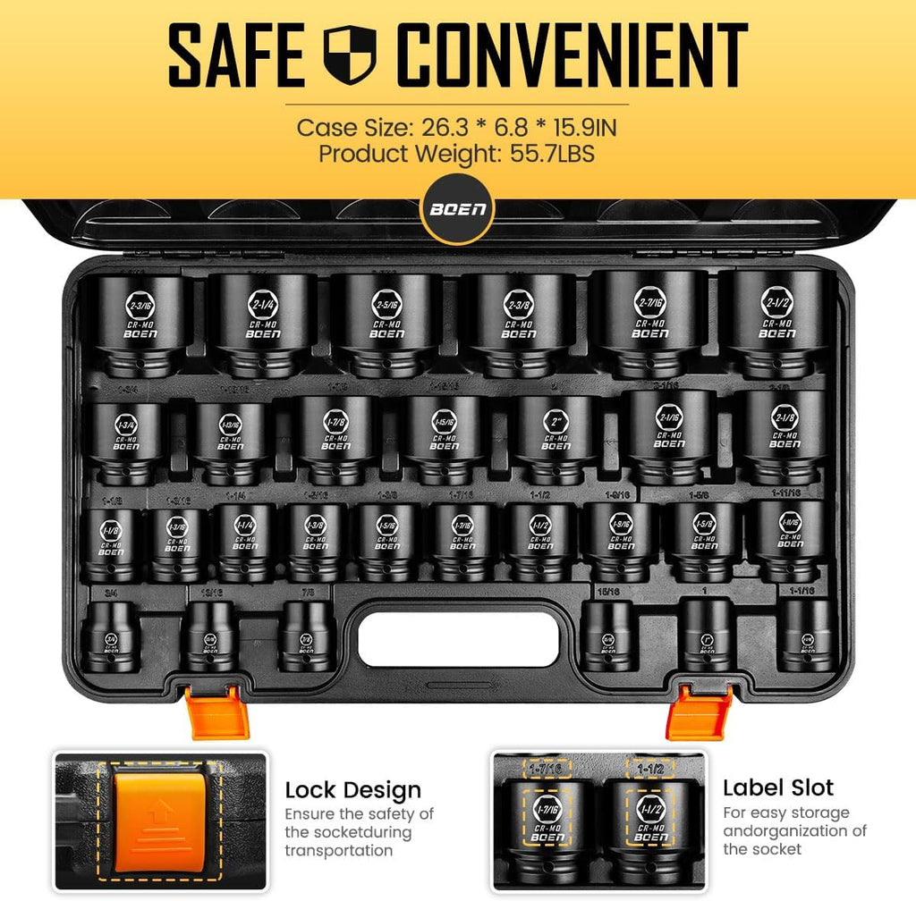 boen 3/4' Drive SAE Impact Socket Set, 3/4 inch - 2-1/2 inch Large Sockets, 6-Point Sockets, Rugged Construction, CR-MO, Standard Socket Set, 29PCS with Storage Case