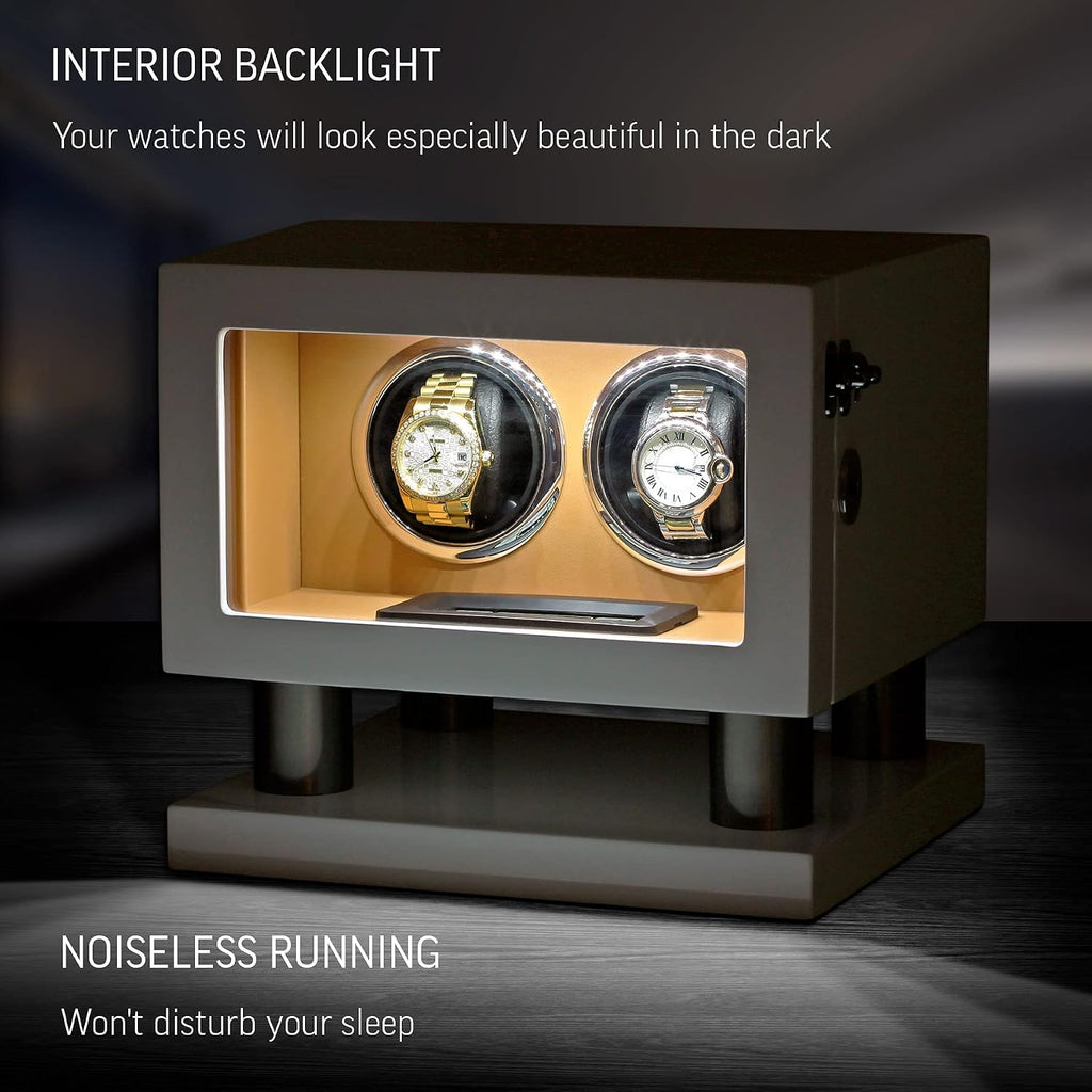 Watch Winder for 2 Watches with LED Backlight, LCD Display and Motor-Stop Option