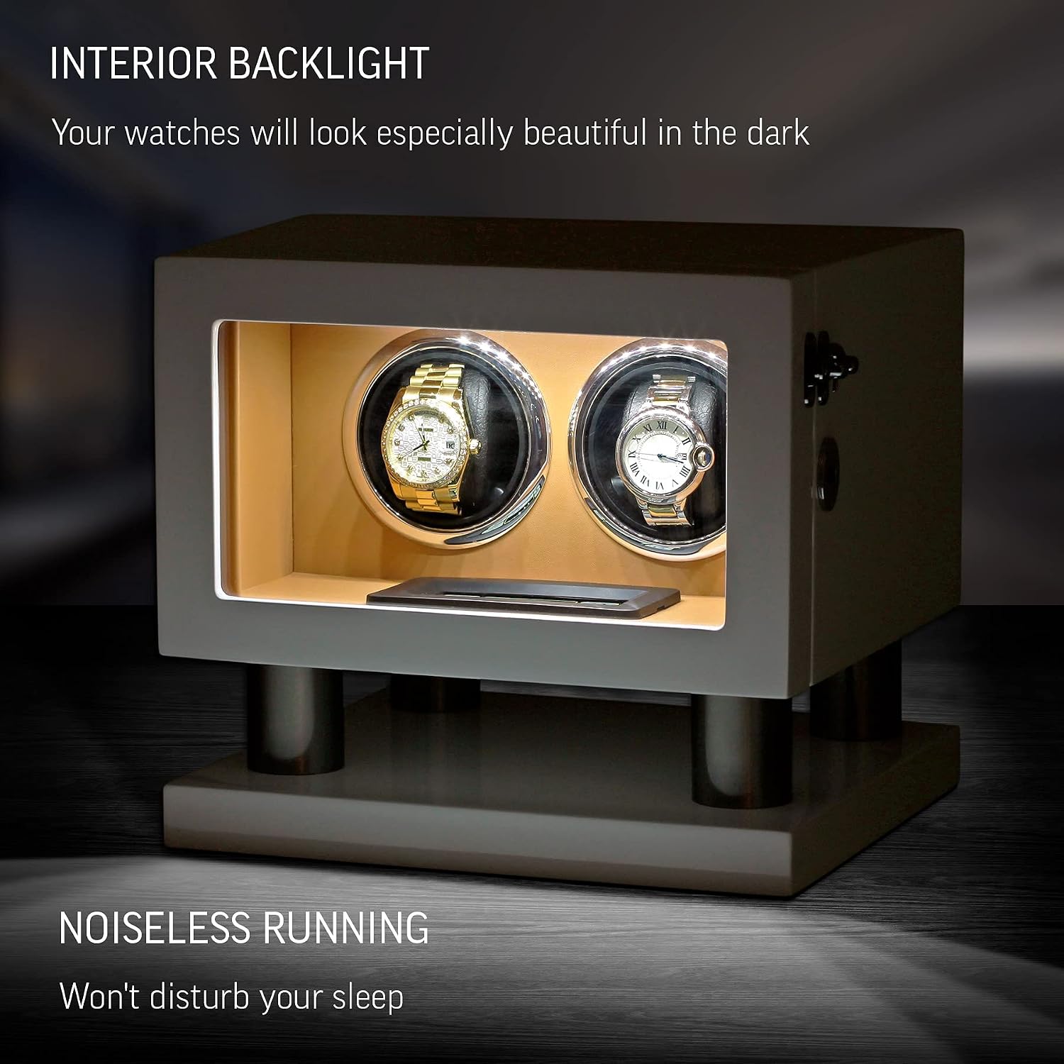Watch Winder for 2 Watches with LED Backlight, LCD Display and Motor-Stop Option