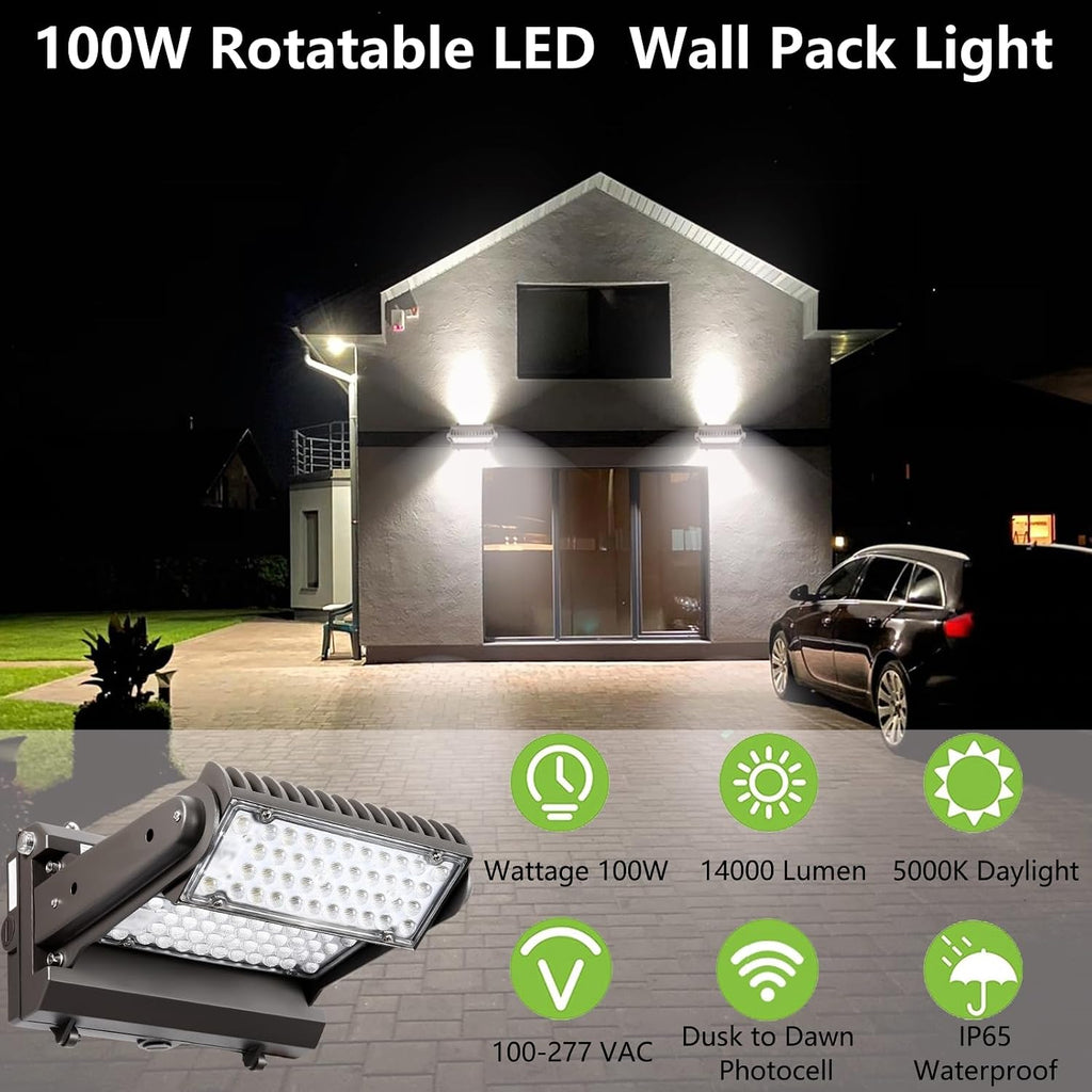 Dusk to Dawn100W Rotatable LED Wall Pack Light, 5000K 14000LM 400-600W HPS/HID Equiv, ETL Adjustable Head Outdoor LED Wallpack Lighting Fixture for Area Light, Parking Garages,Warehouse,Entrance