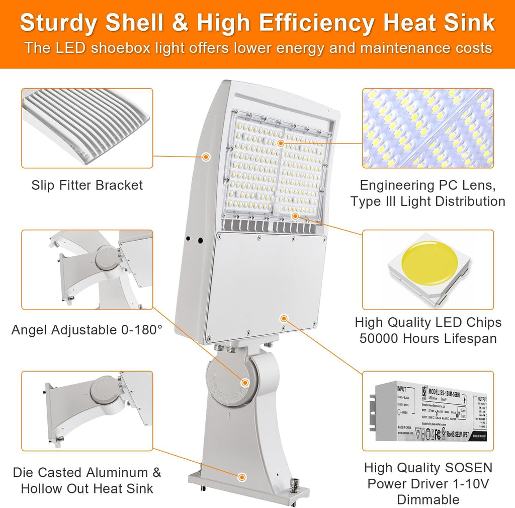 480V 150W White LED Parking Lot Light, 21000LM LED Shoebox Area Light [500W MH/HPS Equiv.], 5000K Dimmable Outdoor Street Lighting with Surge Protection Built-in, IP65 AC100-277V UL Listed