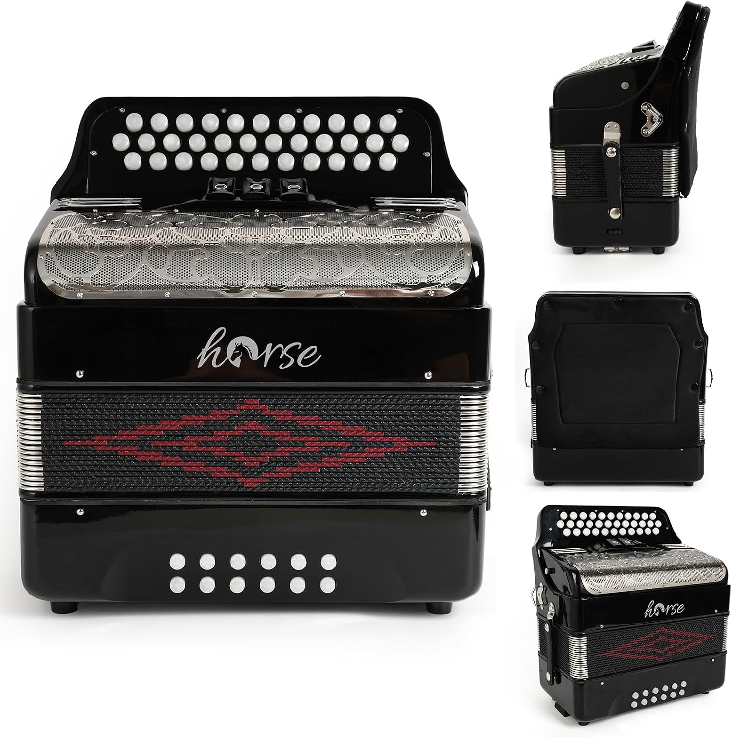Horse Accordion, 34 Keys 12 Bass Accordion Instrument, G/C/F Tone for Adult Professional Players and Beginners, Comes with Case, Strap, Gloves,Oversleeves, and Wipe Cloth Acordeón Acordeones Adultos