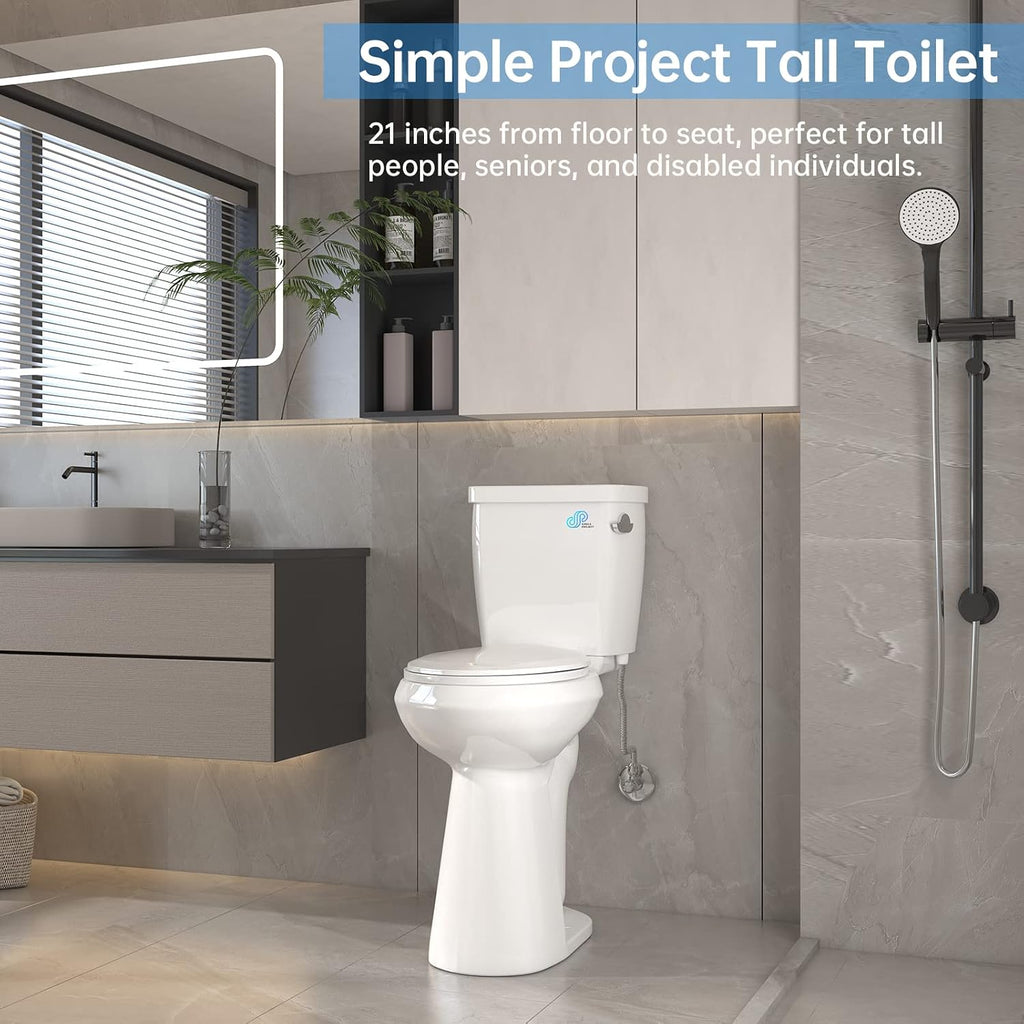 Simple Project High Toilets For Seniors 21 Inch | Extra Tall Toilets For Bathrooms Comfort Height With Soft-close Seat & Single Flush, 12' Rough In Two Piece Tall Toilets For Elderly, Disabled
