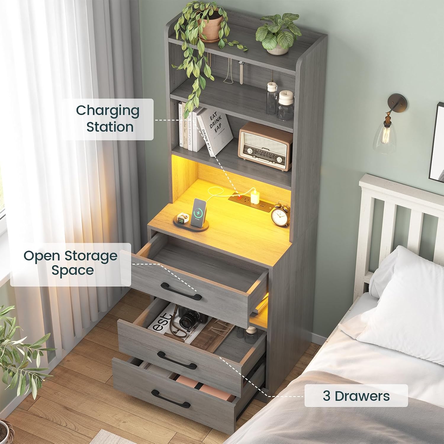 AOGLLATI Tall Night Stand Set of 2 with Charging Station and LED Lights, Grey Nightstand with 3 Drawers and Adjustable Shelves, Modern Bedside Table with Bookshelf for Bedroom