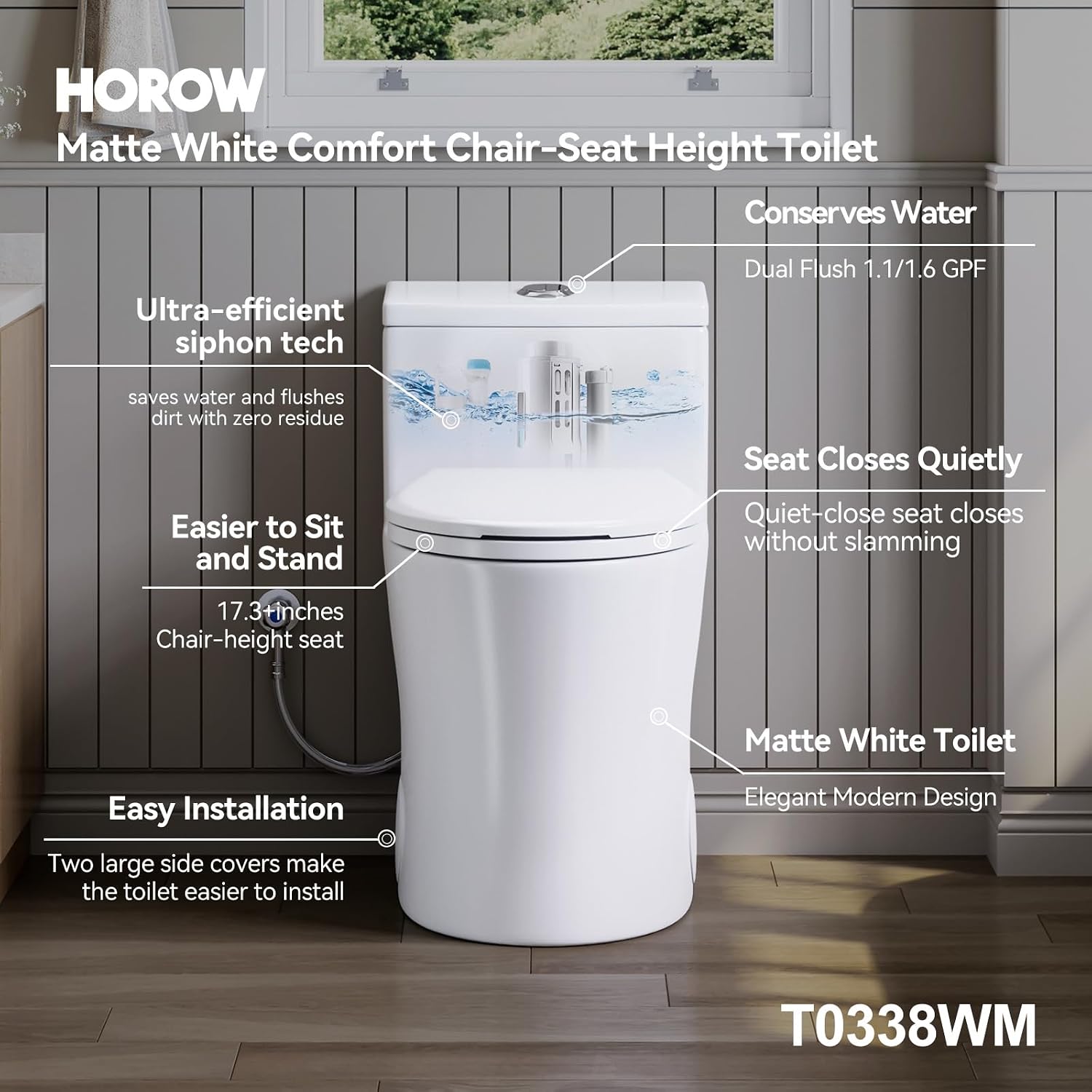 HOROW T0338WM Elongated One Piece Toilet Matte White, ADA Toilet 17.3' with Comfort Chair Height Seat, 1.1/1.6 GPF Powerful Dual Flush Toilet for Bathroom
