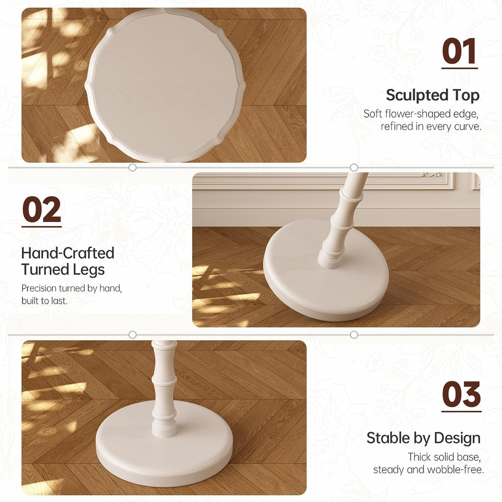 100% Solid Wood Round Pedestal Side Table, Vintage End Table for Living Room Bedroom, Heavy-Duty Antique Accent Table for Corner Spaces, Small Bedside Nightstand, 5-Min Assembly, White