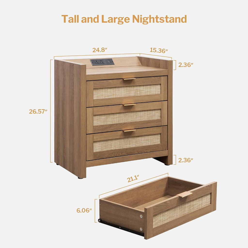 SICOTAS Rattan Night Stand Set of 2 - Tall Nightstands with Type-C Charging Station, 3 Rattan Storage Drawers, Larger Nightstand Boho Bedside Table End Table for Bedroom Sofa Couch Office - Oak