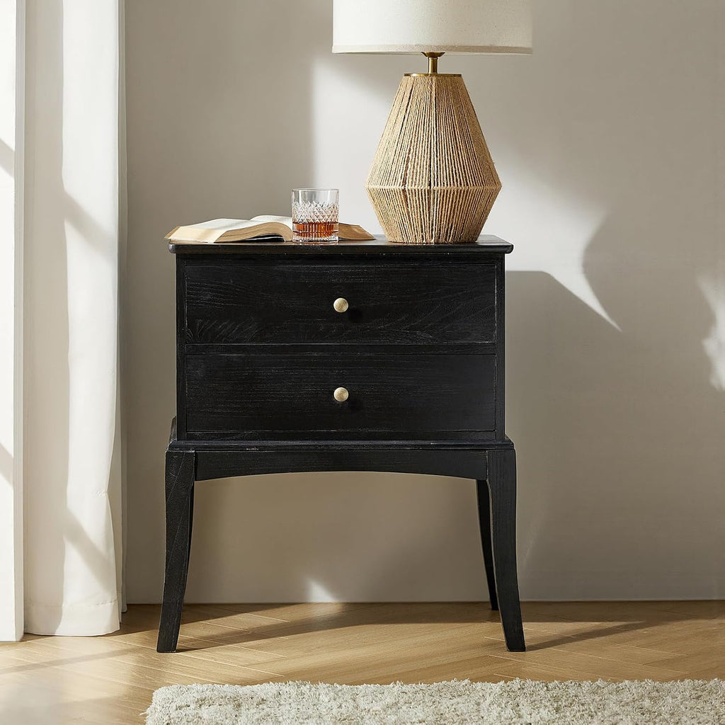 HULALA HOME Solid Wood End Table with Charging Station, 2 Drawer Side Table, Tall Mid Century Modern End Table for Living Room, Charcoal