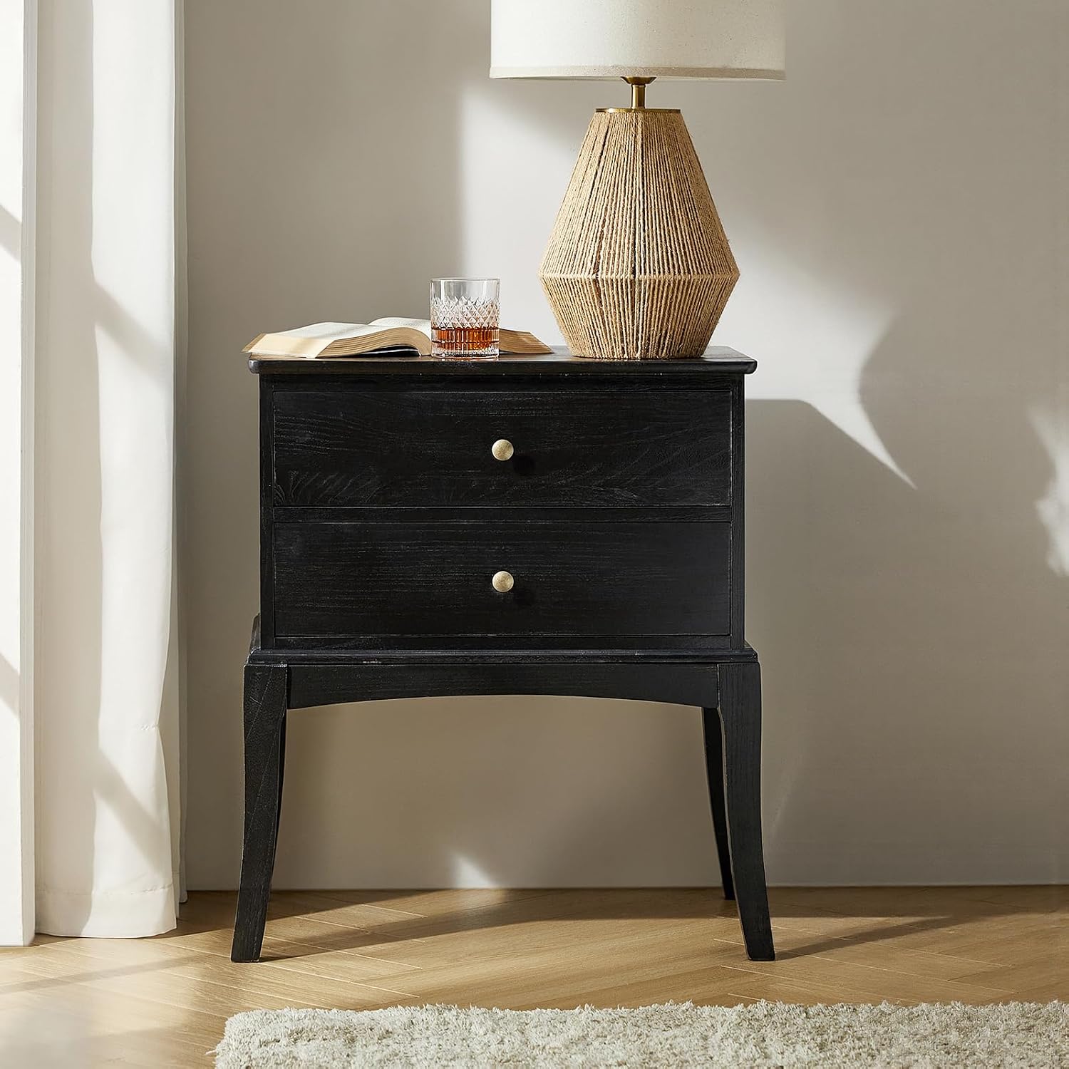 HULALA HOME Solid Wood End Table with Charging Station, 2 Drawer Side Table, Tall Mid Century Modern End Table for Living Room, Charcoal