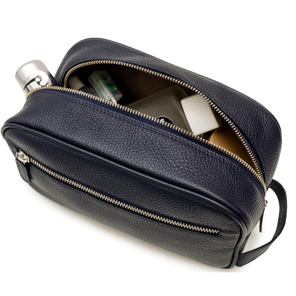 Maruse Italian Leather Toiletry Travel Bag with 2 Zippered Closures for Men and Women, Handmade in Italy, Navy
