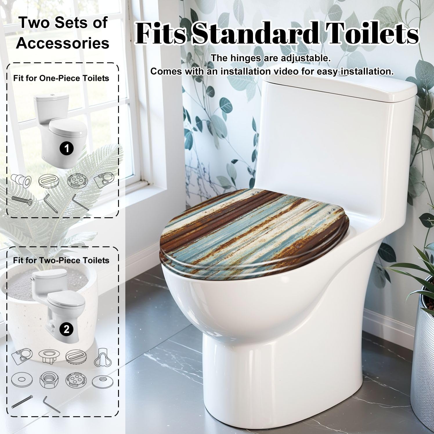 Elongated Toilet Seat Old wall texture rusty galvanized metal panel sheeting Resin Toilet Seat Slow Quiet Close Lid with Quick-Release Hinges Cover Bumpers Easy to Clean Install